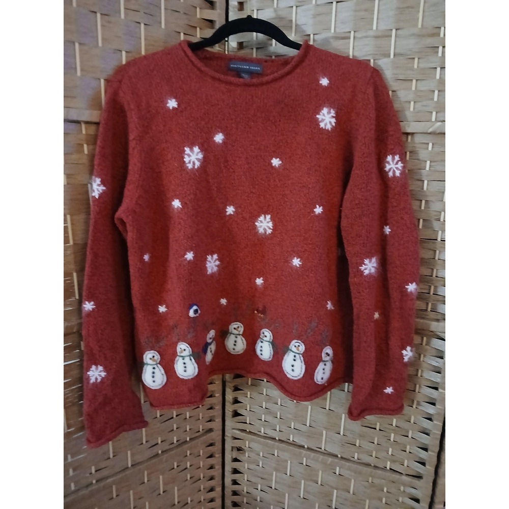Northern Isles Women's Red Roll Neck Knit Sweater Sz L Snowmen/Snowflakes